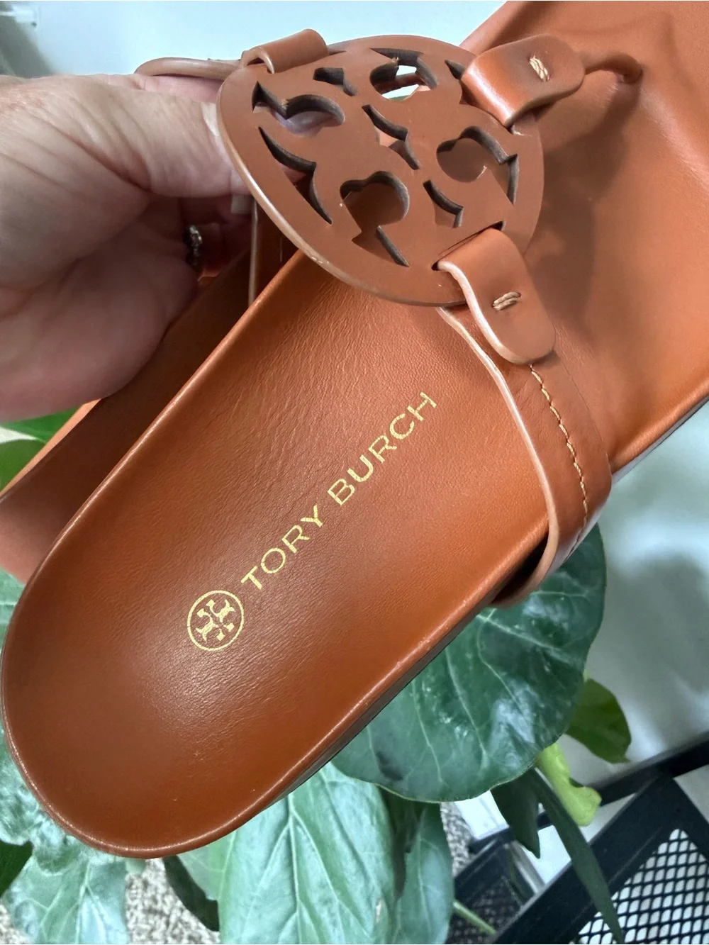 Tory Burch Cognac Leather Logo Toe-Post Sandals